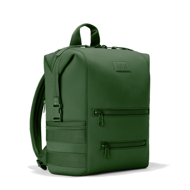 Dagne Dover Large Indi Diaper Backpack in a rich, classic forest green seen from an angle.

