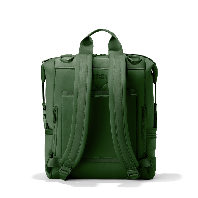 Dagne Dover Large Indi Diaper Backpack in a rich, classic forest green seen from the back.
