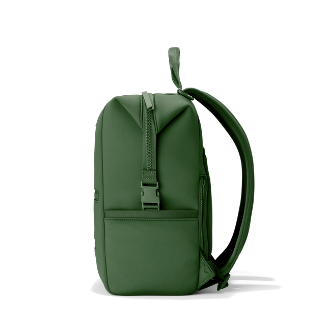 Dagne Dover Large Indi Diaper Backpack in a rich, classic forest green seen from the side.
