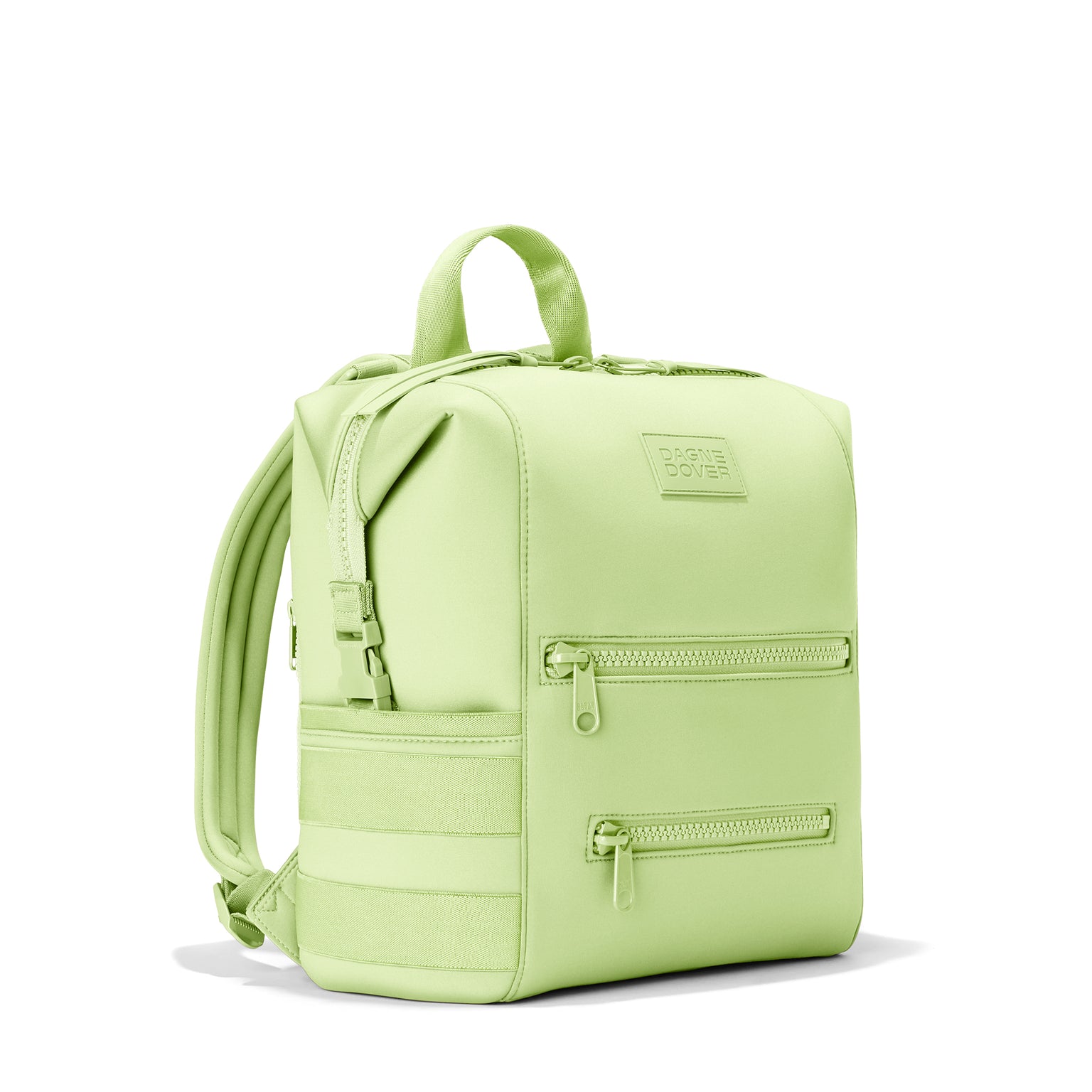 Dagne Dover Medium Indi Diaper Backpack in a vibrant, creamy green seen from an angle.