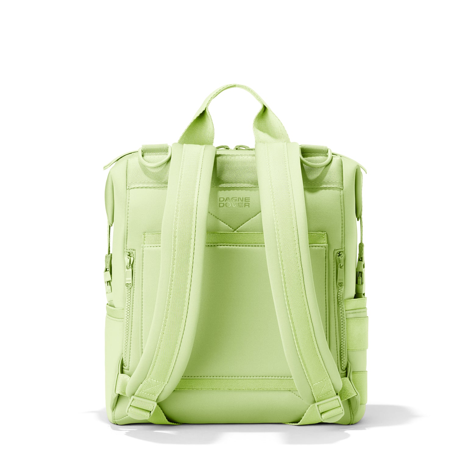Dagne Dover Medium Indi Diaper Backpack in a vibrant, creamy green seen from the back.