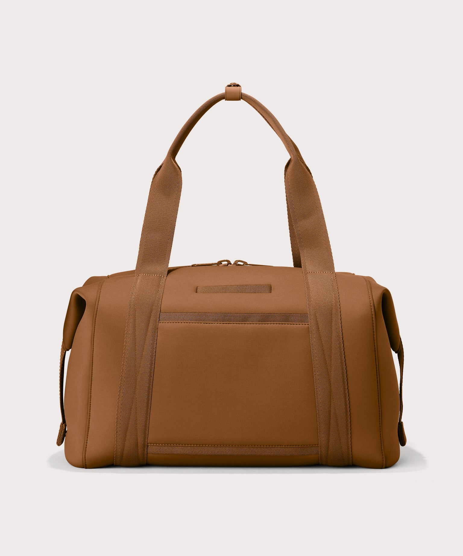 Large Landon Carryall in a a saturated, warm medium-brown with burnt orange undertones, displaying an exterior phone pocket
