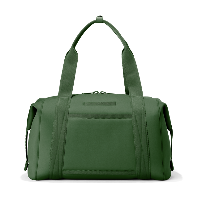Dagne Dover large Landon Carryall in a rich, classic forest green seen from the back displaying an exterior phone pocket.
