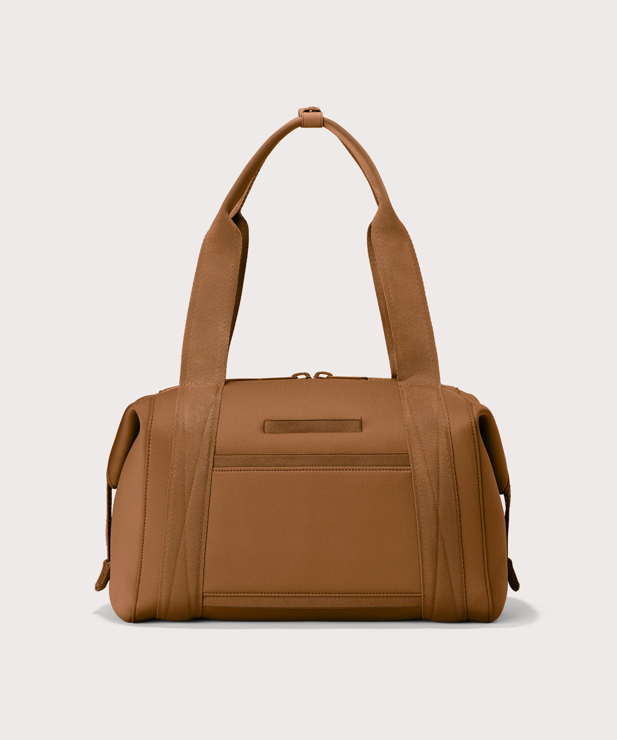 Medium Landon Carryall in a a saturated, warm medium-brown with burnt orange undertones, displaying an exterior phone pocket
