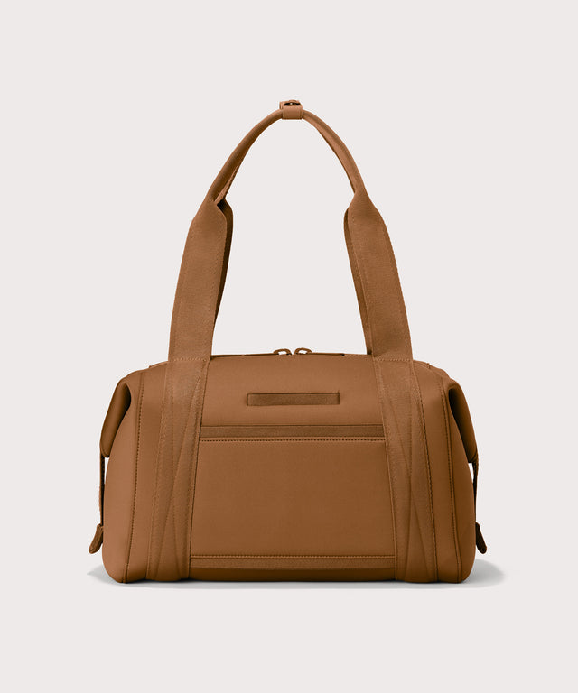Medium Landon Carryall in a a saturated, warm medium-brown with burnt orange undertones, displaying an exterior phone pocket
