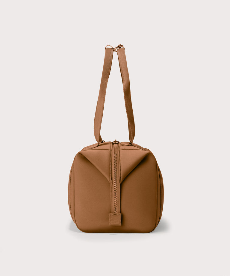 Medium Landon Carryall in a a saturated, warm medium-brown with burnt orange undertones, side view
