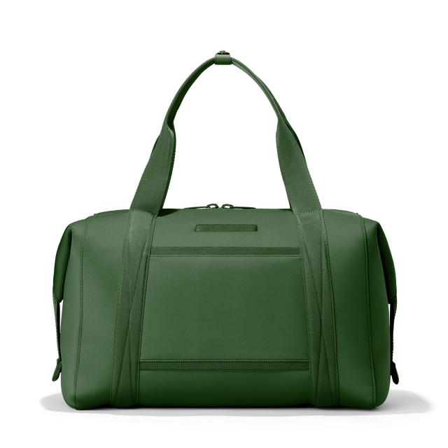 Dagne Dover extra large Landon Carryall in a rich, classic forest green seen from the back displaying an exterior phone pocket.