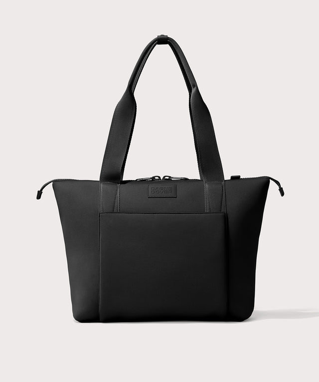 Tote  bag in a black seen from the front view. 
