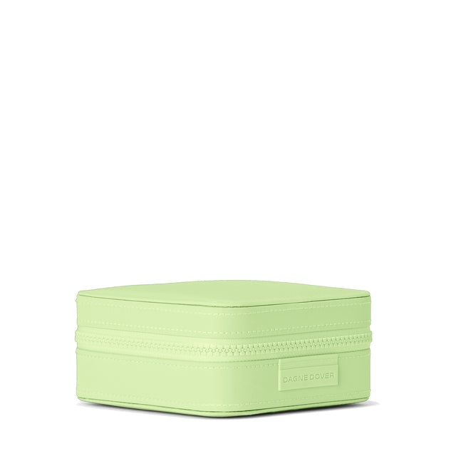 Dagne Dover Large Frankie Jewelry Case in a matcha green seen from an angle.