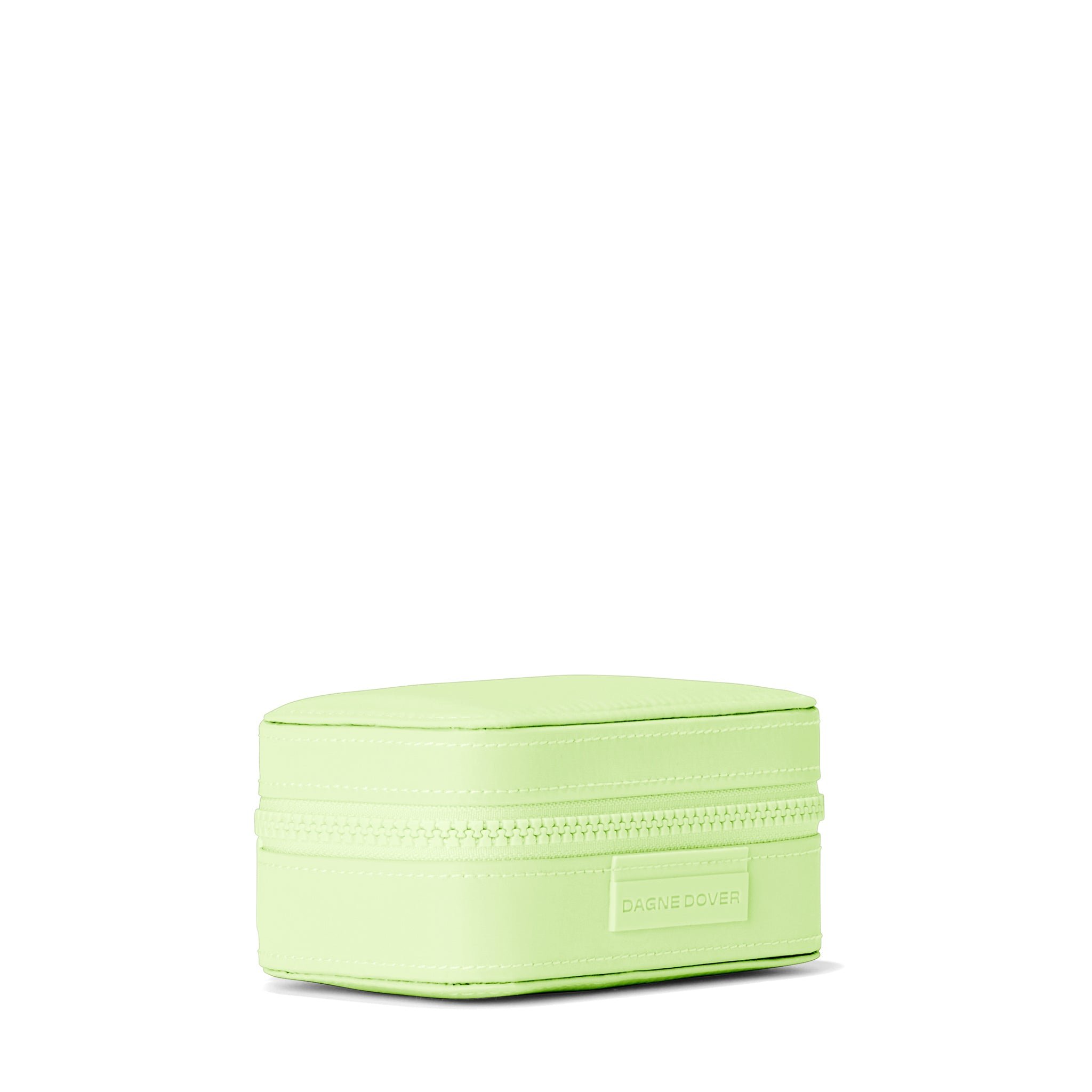 Dagne Dover Small Frankie Jewelry Case in a matcha green seen from an angle.