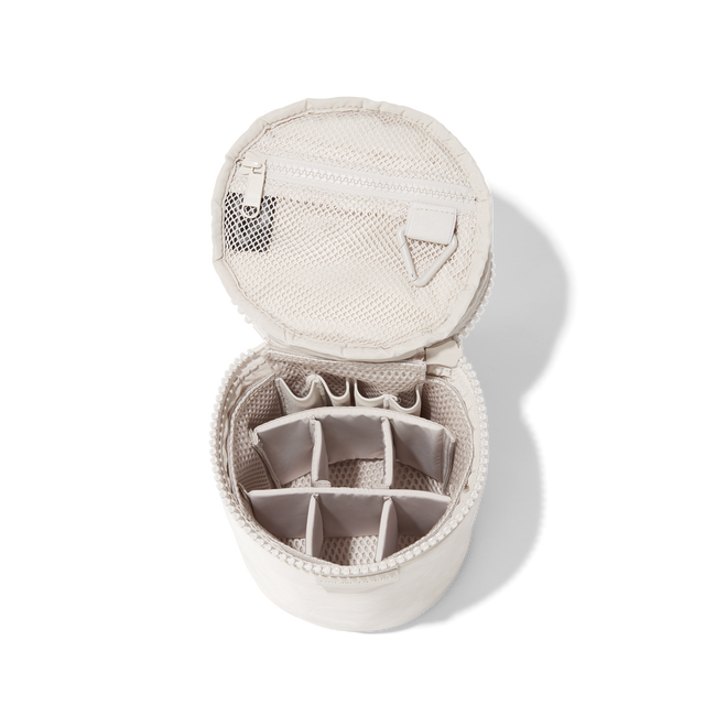 Dagne Dover large Mila Toiletry Pouch in white unzipped with the 6 adjustable compartments.
