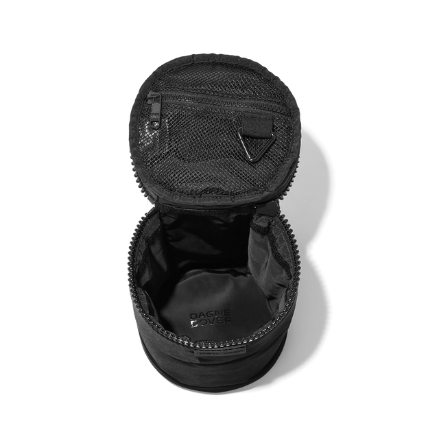 Dagne Dover large Mila Toiletry Pouch in black unzipped.