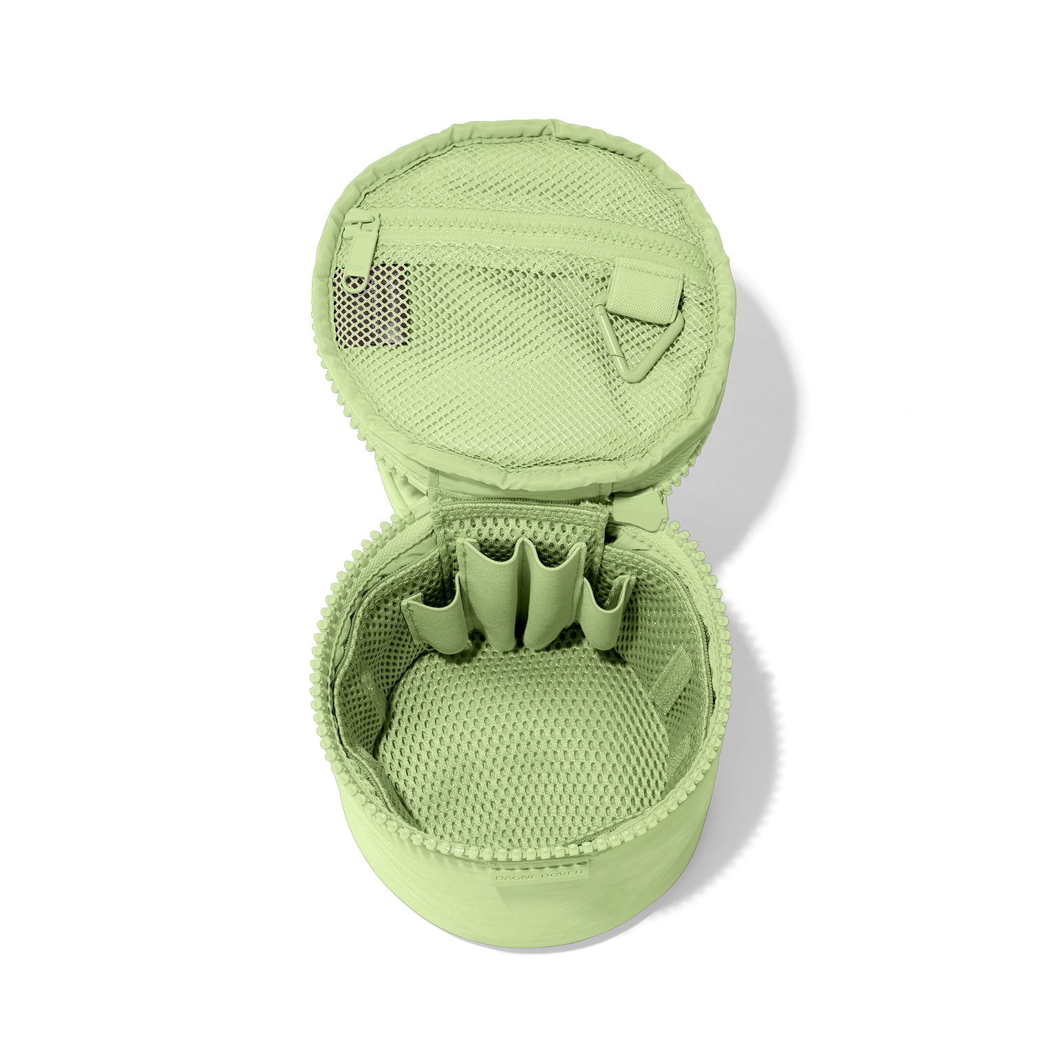 Dagne Dover small Mila Toiletry Pouch in matcha green unzipped with the removable airmesh insert.