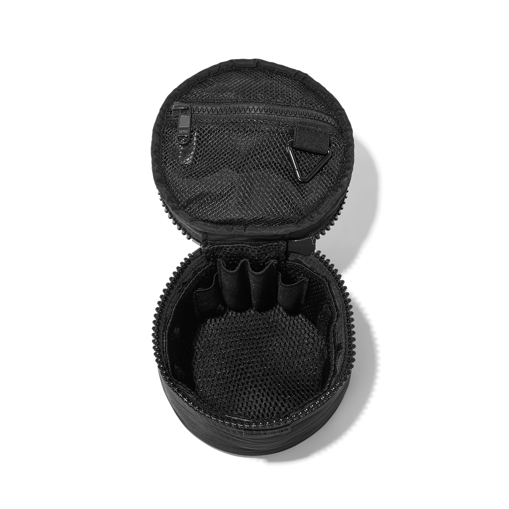 Dagne Dover small Mila Toiletry Pouch in black unzipped with the removable airmesh insert.