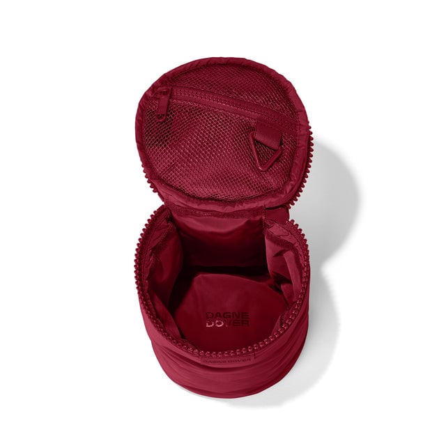 Dagne Dover large Mila Toiletry Pouch in spice red unzipped.