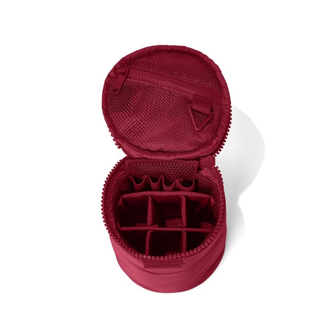 Dagne Dover large Mila Toiletry Pouch in spice red unzipped with the 6 adjustable compartments.