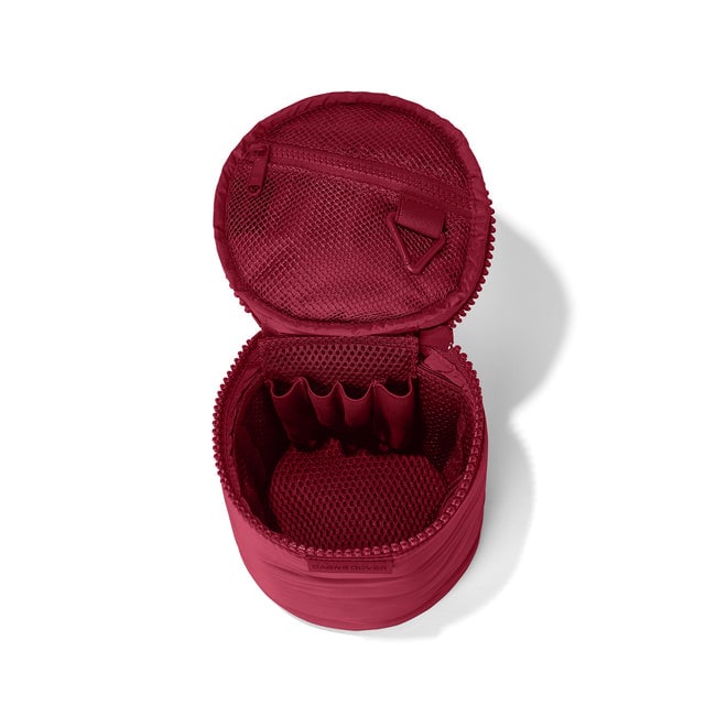 Dagne Dover large Mila Toiletry Pouch in spice red unzipped with the removable airmesh insert.