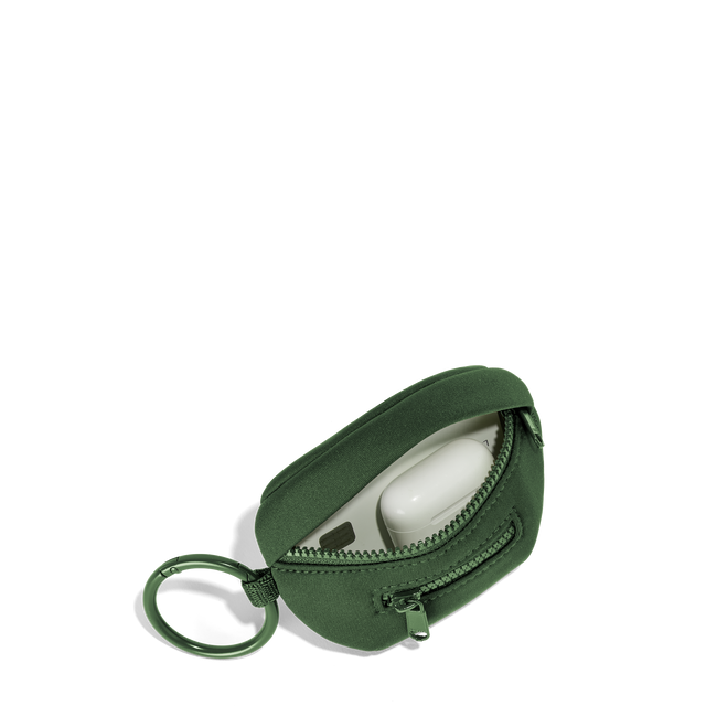 Dagne Dover Ace Keychain in a rich, classic forest green unzipped, showing interior.
