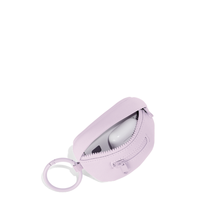 Dagne Dover Ace Keychain in a soft purple with grey undertones unzipped, showing interior.
