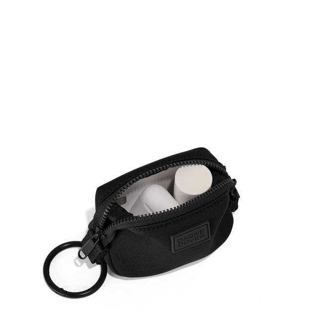 Dagne Dover Hunter Keychain in black unzipped, showing interior.