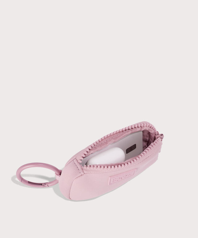 Mara Keychain in a cool, powdery pink with soft grey undertones. . unzipped, top down view. 
