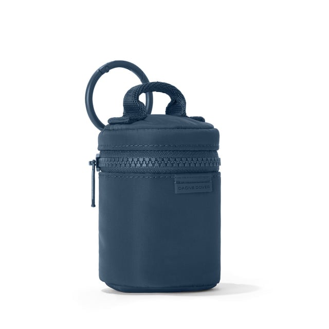 Dagne Dover Mila Keychain in a medium grey-blue with a touch of turquoise seen from an angle.