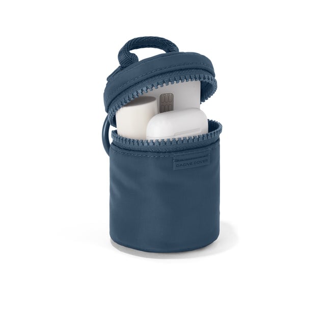 Dagne Dover Mila Keychain in a medium grey-blue with a touch of turquoise unzipped, showing interior.