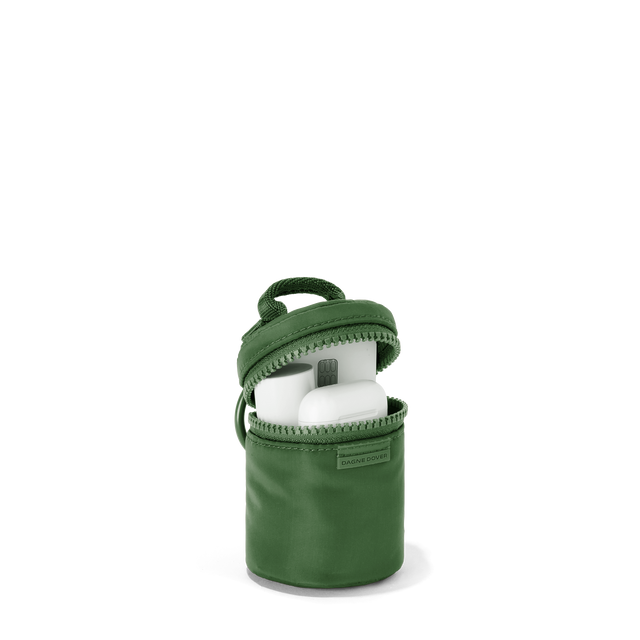 Dagne Dover Mila Keychain in a rich, classic forest green unzipped, showing interior.
