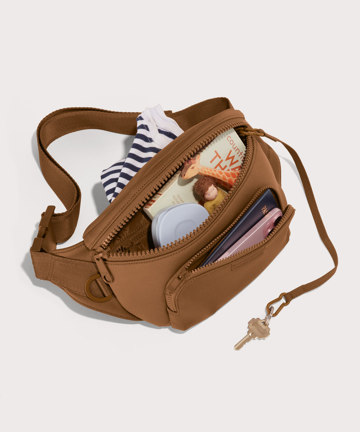 Jax in a saturated, warm medium-brown with burnt orange undertones unzipped, top down view. 
