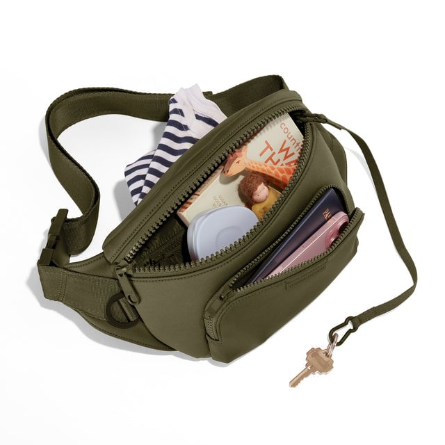 Dagne Dover Jax Large Fanny Pack in Dark Moss, unzipped.