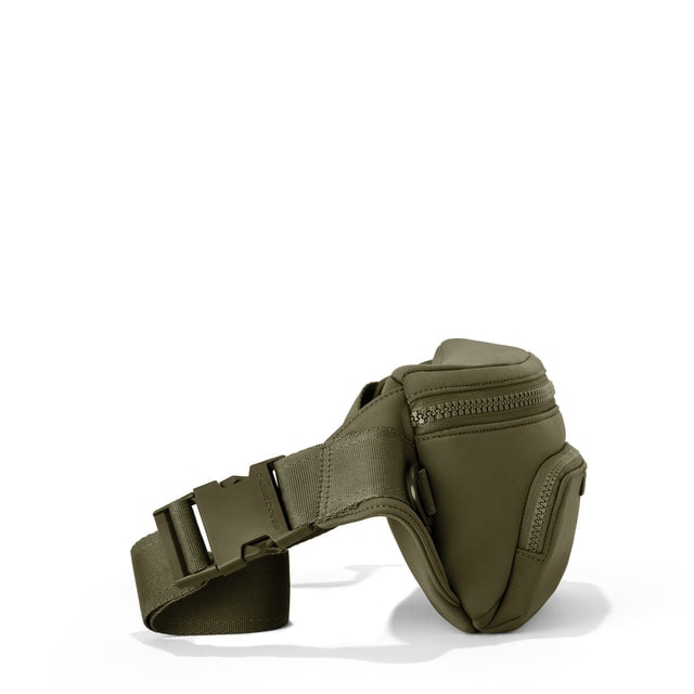 Dagne Dover Jax Large Fanny Pack in Dark Moss, side angle.