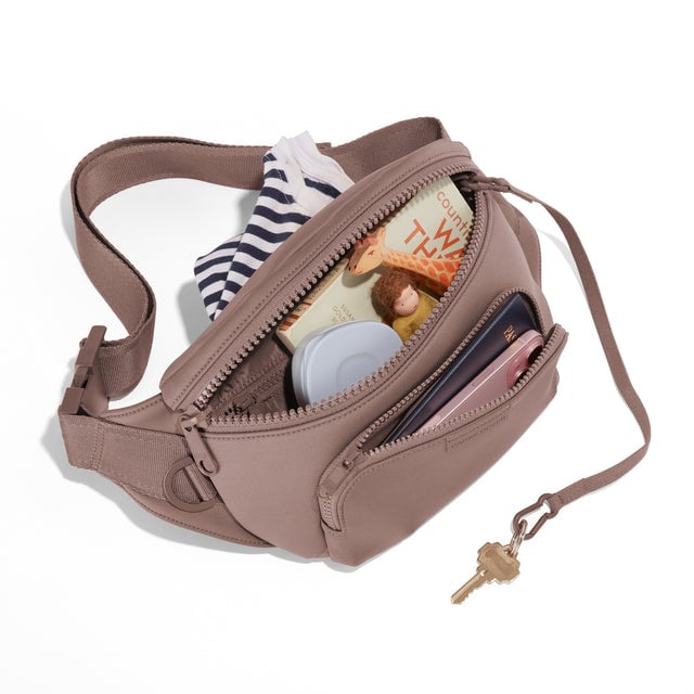 Dagne Dover Jax Large Fanny Pack in Dune, unzipped.