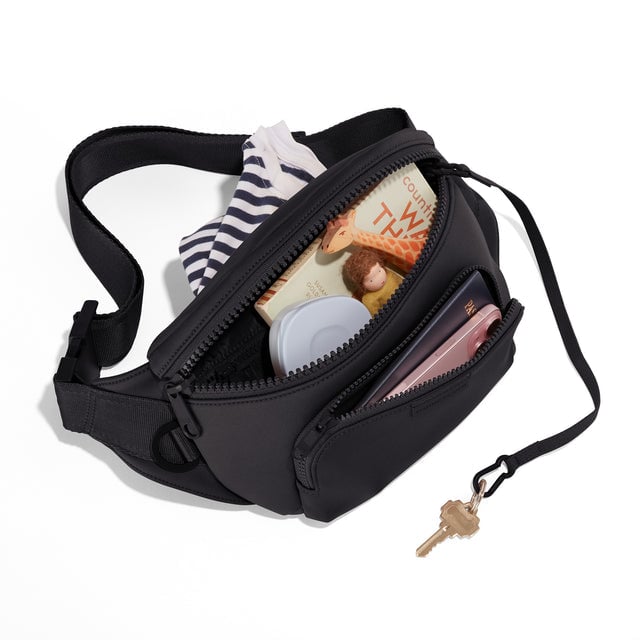 Dagne Dover Jax Large Fanny Pack in Onyx, unzipped.