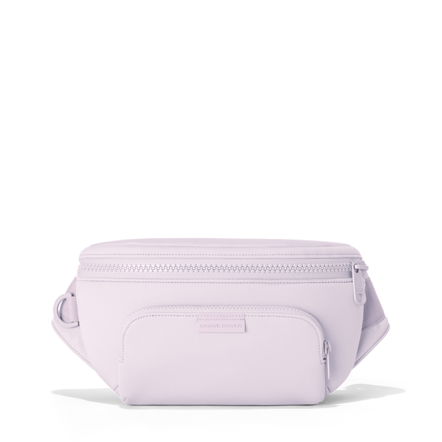 Dagne Dover jax large fanny pack in  a soft purple with grey undertones.
