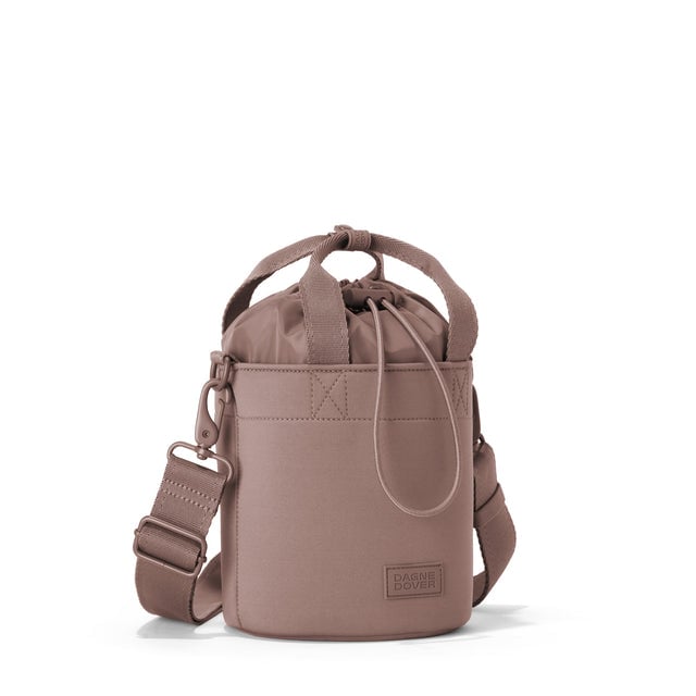 Dagne Dover Nico Bucket Bag in Dune, side angle.