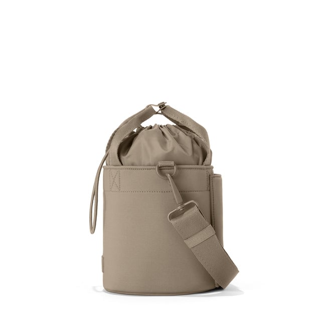 Dagne Dover Nico Bucket Bag in Khaki, side angle.