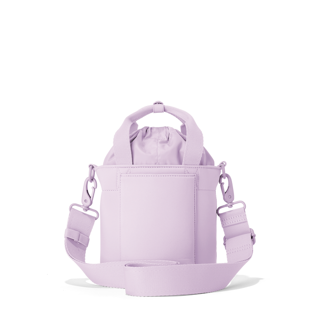 Dagne Dover Nico Bucket Bag in a soft purple with grey undertones, back angle.