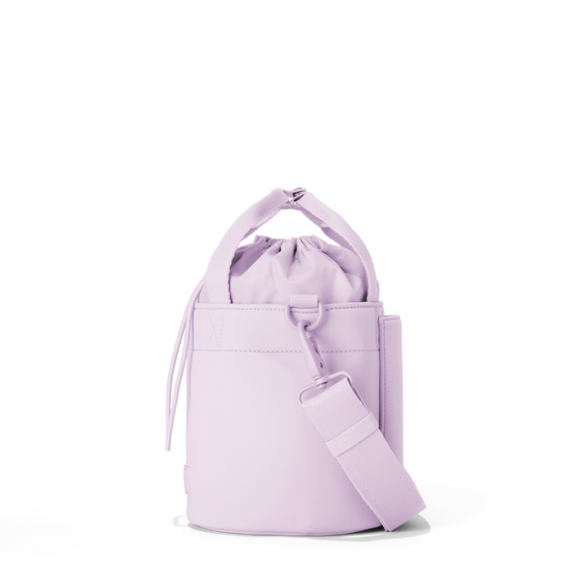 Dagne Dover Nico Bucket Bag in a soft purple with grey undertones, side angle.