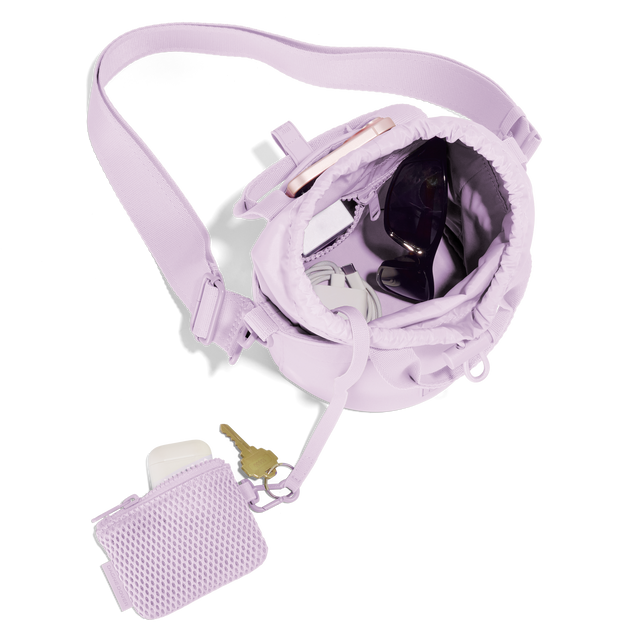 hover Dagne Dover Nico Bucket Bag in a soft purple with grey undertones, topdown.