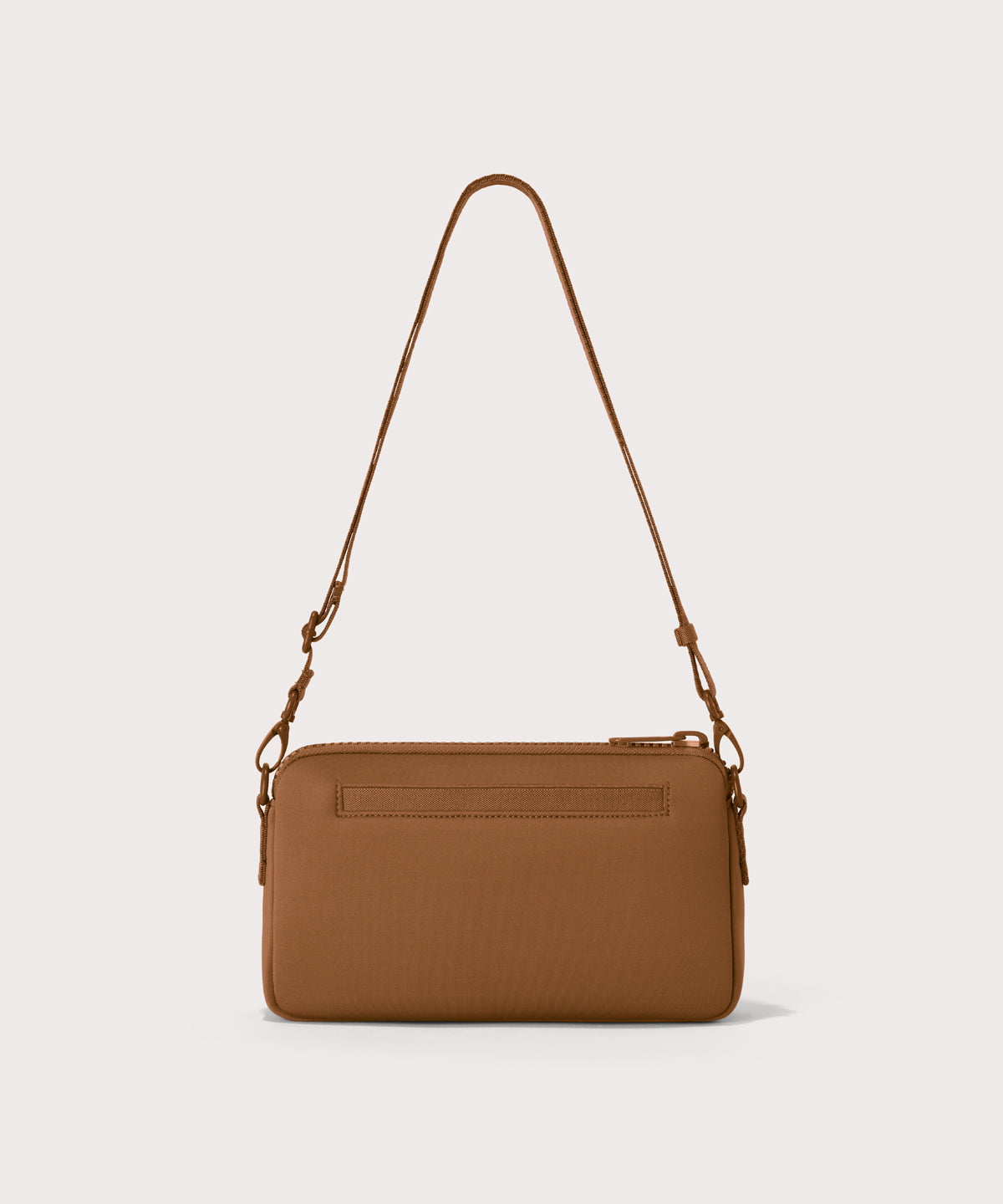 Nora shoulder bag in a saturated, warm medium-brown with burnt orange undertones Back view. 
