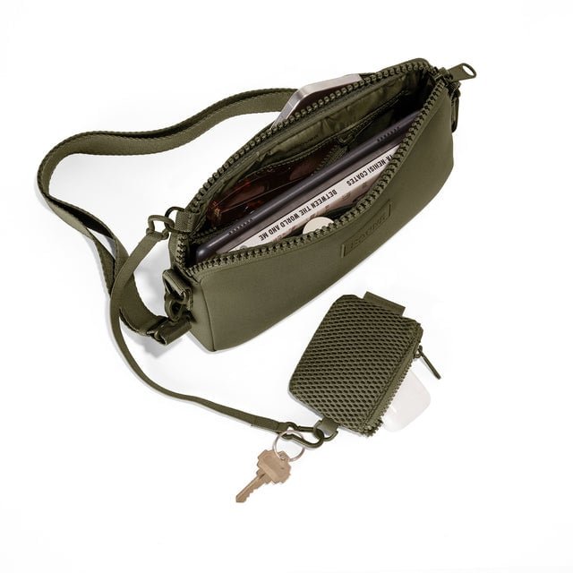 hover Dagne Dover Nora Shoulder Bag in Dark Moss, unzipped topdown.
