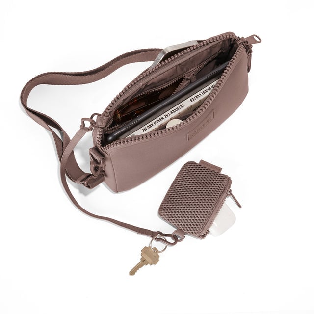 hover Dagne Dover Nora Shoulder Bag in Dune, unzipped topdown.
