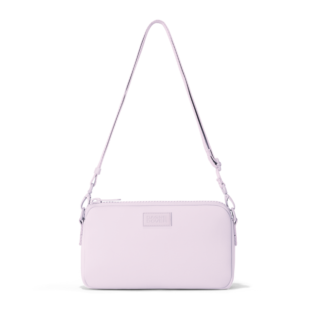 Dagne Dover Nora Shoulder Bag in a soft purple with grey undertones, strap up.
