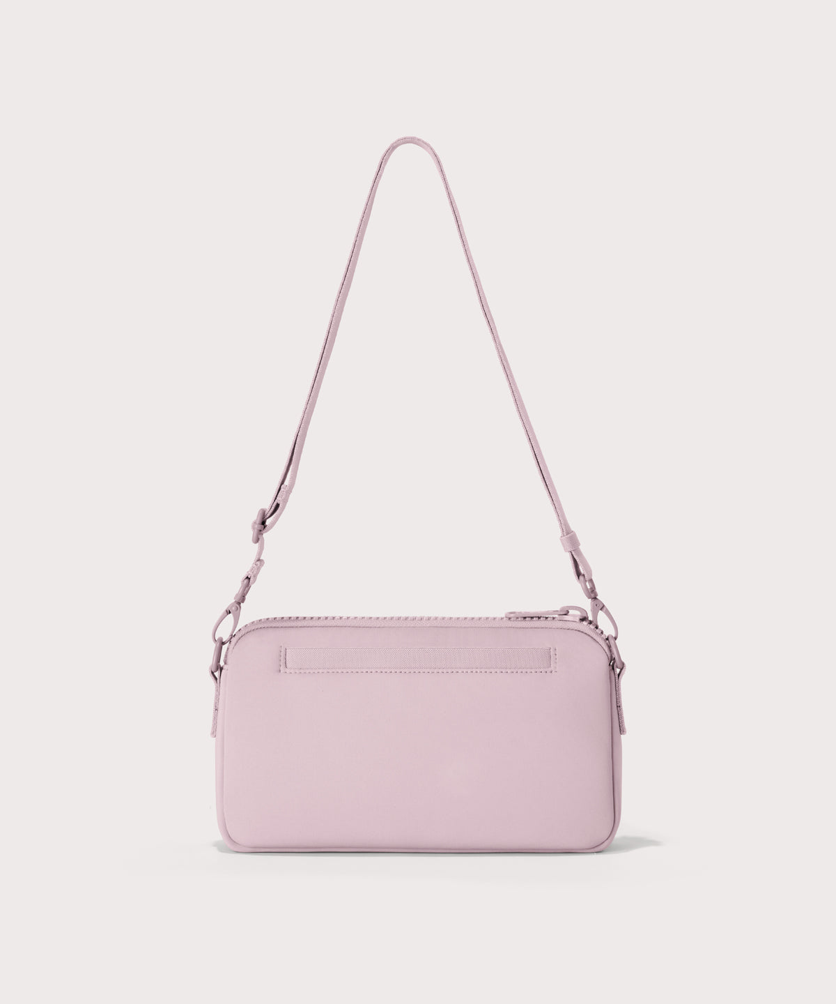 Nora shoulder bag in a cool, powdery pink with soft grey undertones. Back view. 
