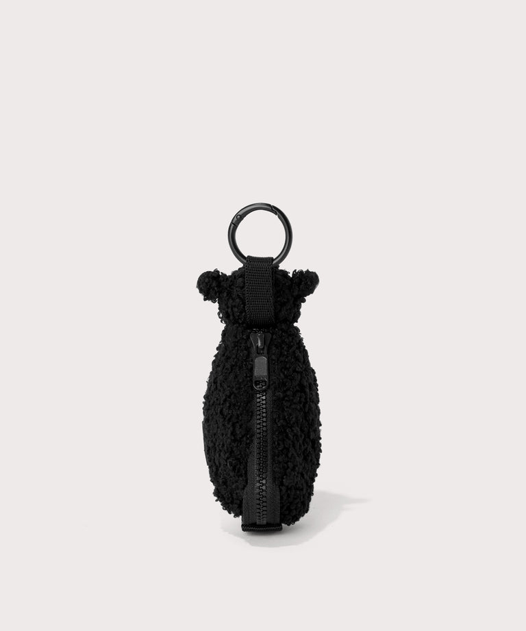 Black sheep keychain in a black In a  Faux Shearling  a soft, wool-like plush made with recycled materials
back view
