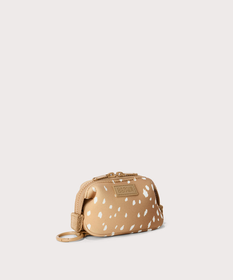 Hunter keychain in an understated, neutral fawn print with a range of rich browns, side view

