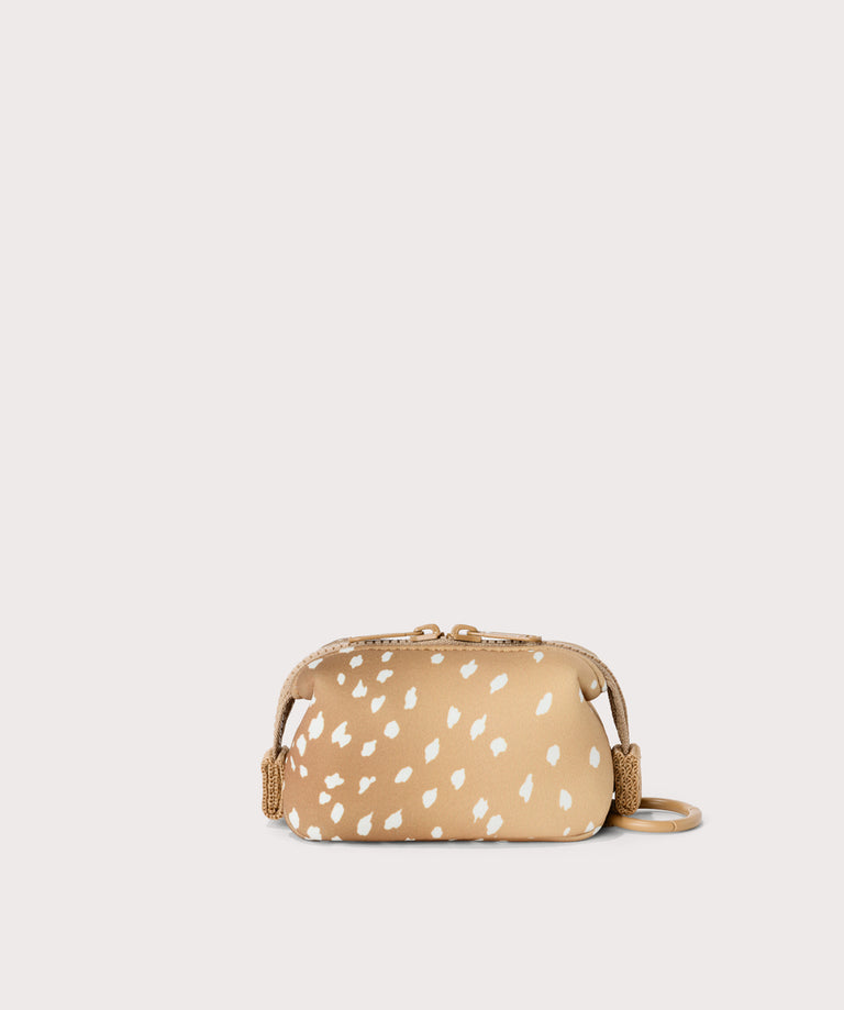 Hunter keychain in an understated, neutral fawn print with a range of rich browns.  Back view. 
