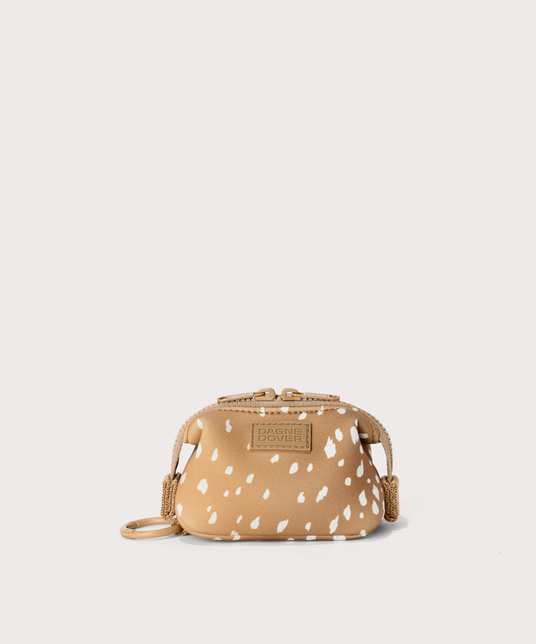 Hunter keychain in an understated, neutral fawn print with a range of rich browns. 
