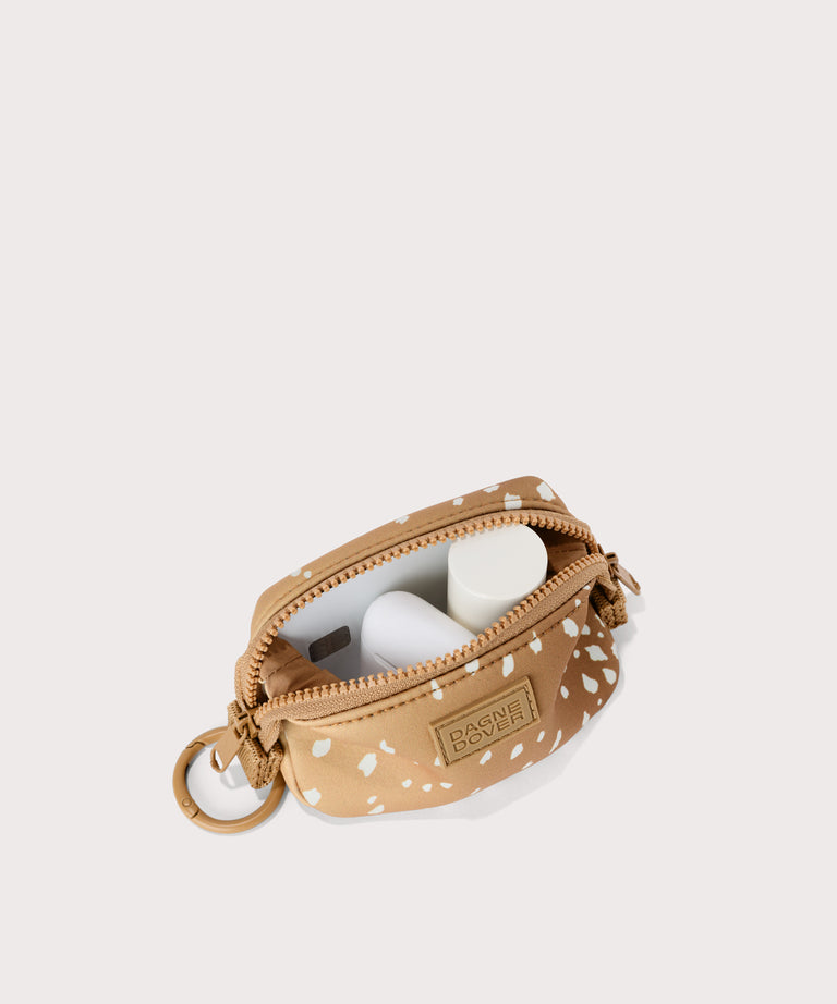 Hunter keychain in an understated, neutral fawn print with a range of rich browns. . unzipped, top down view. 
