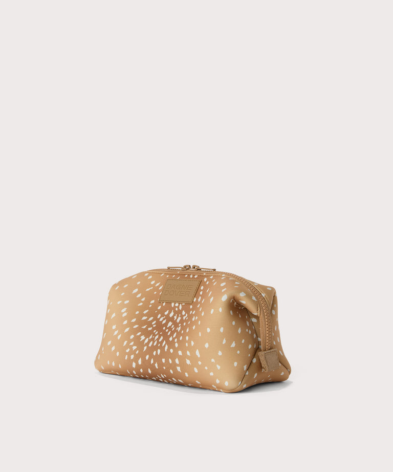 Hunter Large toiletry bag in an understated, neutral fawn print with a range of rich browns, side angle view
